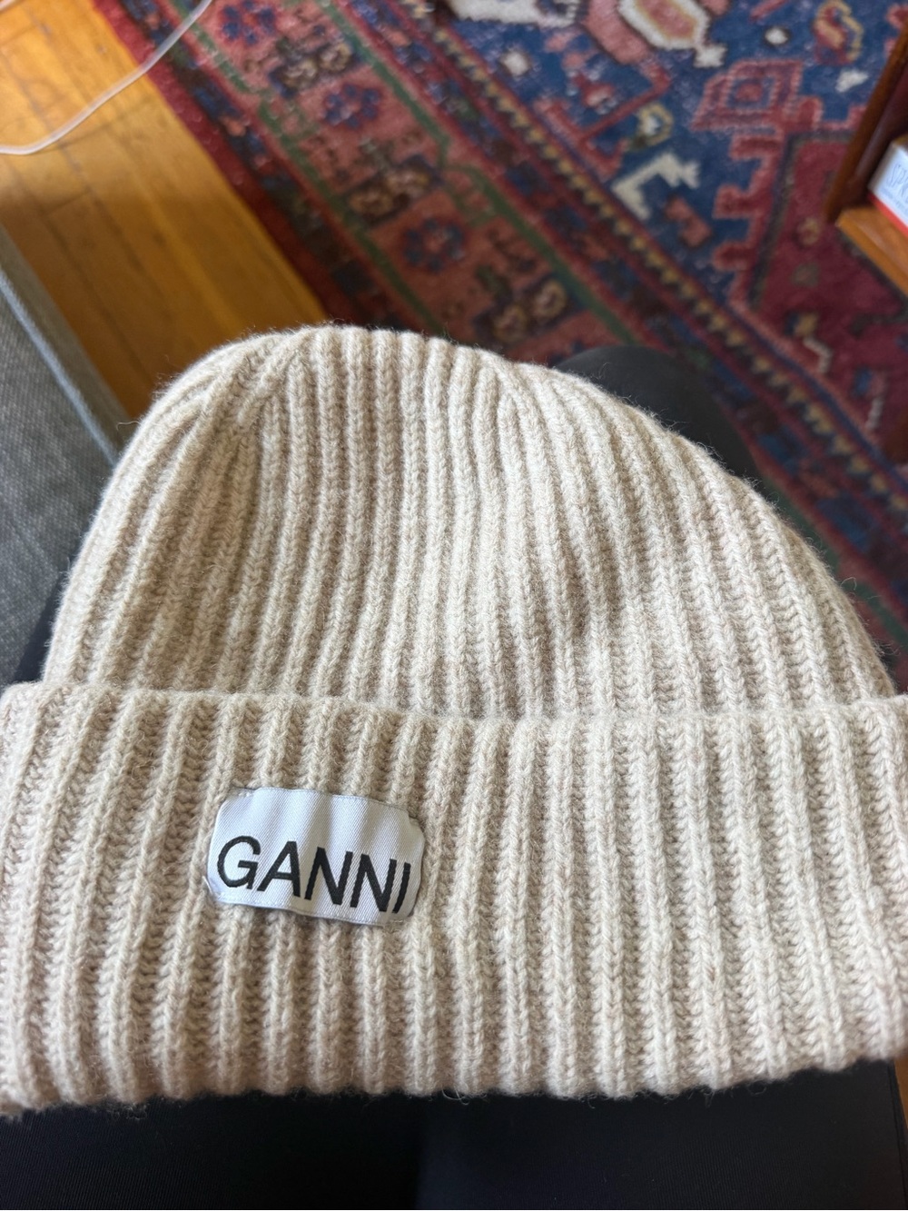 Ganni Ribbed Fold-Over Beanie in Cream
